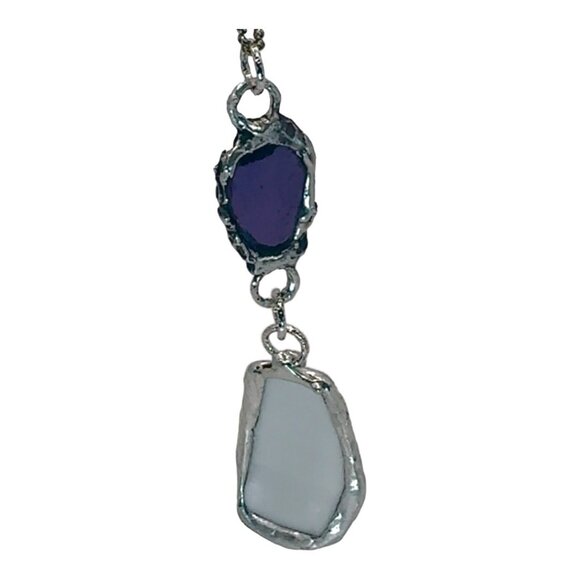 Violets Broken China & Sea Glass Artisan Silver-Blend Metalwork Bezel Pendant - Picture 12 of 17